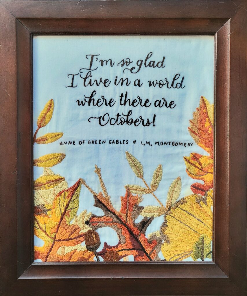 DIY embroidery pattern based on an autumn watercolor with Anne of Green Gables quote.